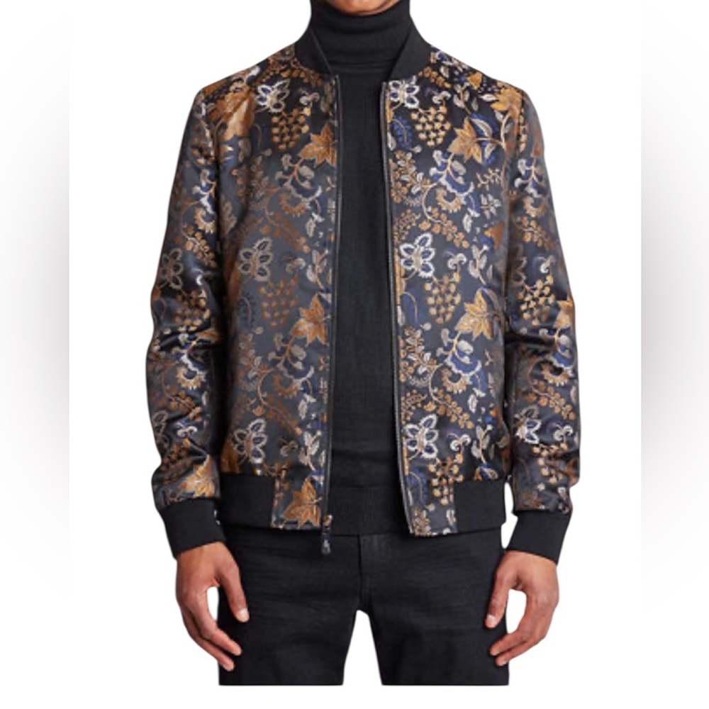 Paisley & Gray Men's Bomber Jacket in Black and Gold Floral